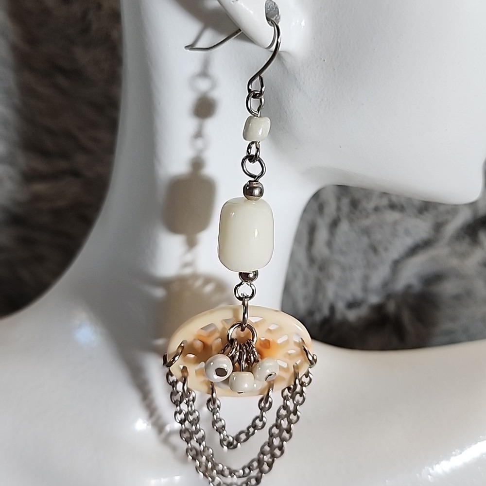 Cream and Silver Dangle Earrings - Picture 5 of 6